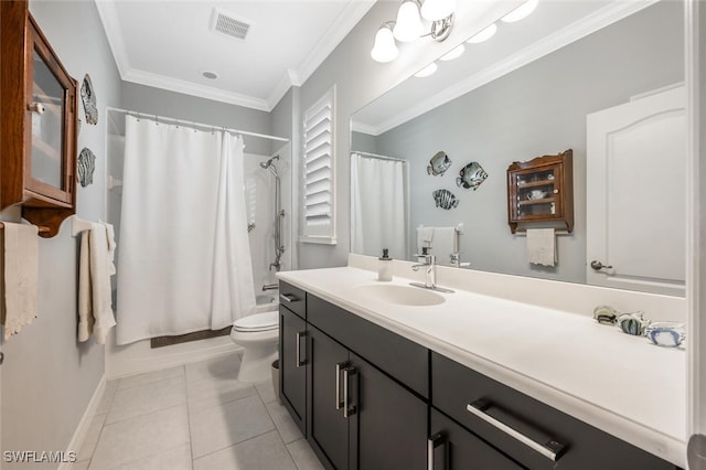 full bathroom featuring tile patterned floors, shower / bath combination with curtain, toilet, vanity, and ornamental molding