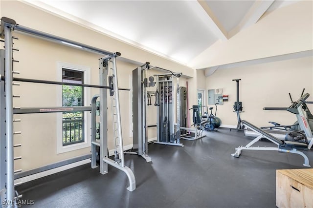 exercise room featuring lofted ceiling