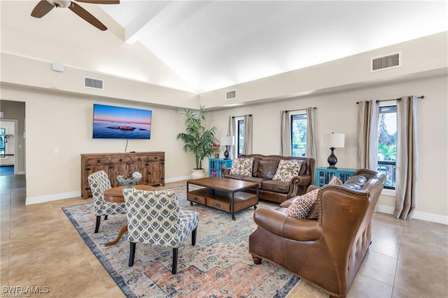 tiled living room with beam ceiling, ceiling fan, and high vaulted ceiling