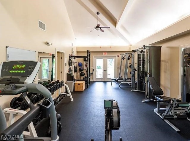 workout area with french doors, ceiling fan, and lofted ceiling