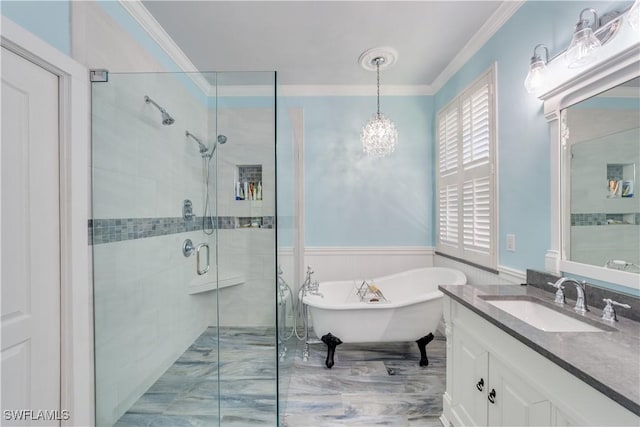 bathroom with hardwood / wood-style flooring, vanity, crown molding, and independent shower and bath