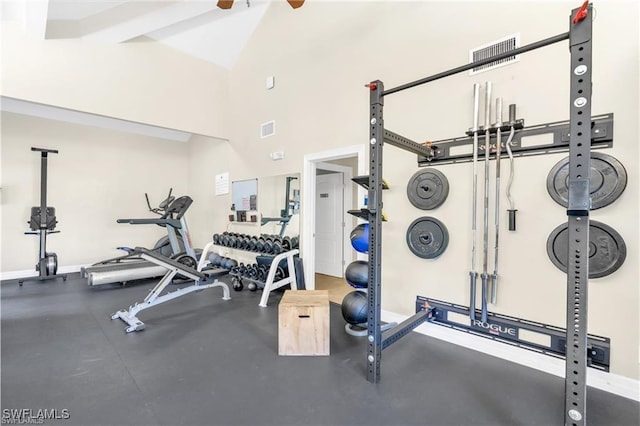5960 Grey Fox Run, Fort Myers, FL 33912 - gym with ceiling fan, high vaulted ceiling, and baseboards