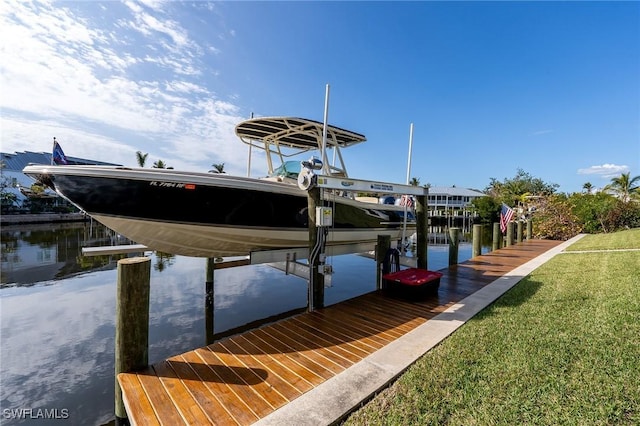 dock area with a lawn and a water view