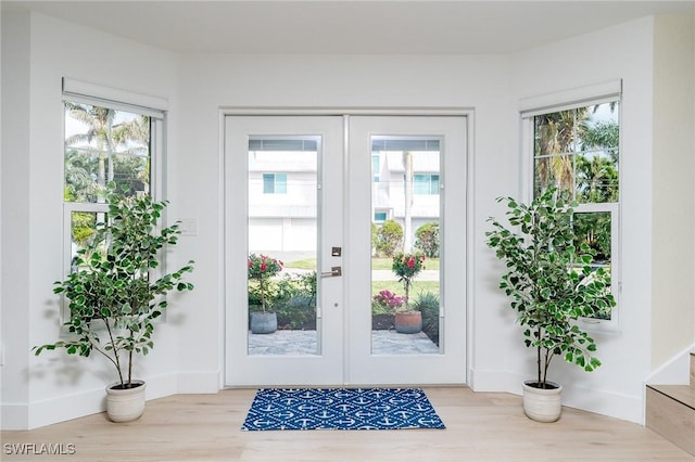 entryway featuring french doors, a healthy amount of sunlight, and light wood-type flooring