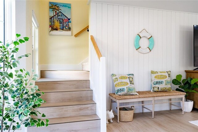 stairs with hardwood / wood-style flooring