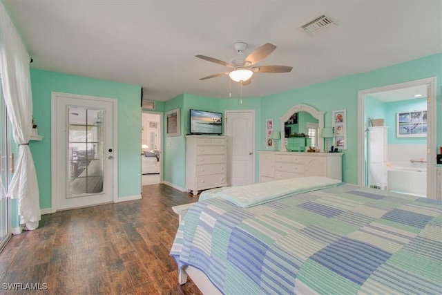 bedroom with ensuite bath, ceiling fan, and dark hardwood / wood-style flooring