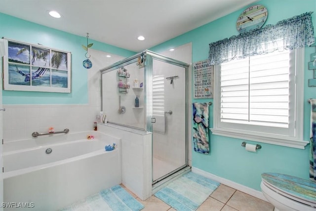 bathroom with tile patterned flooring, independent shower and bath, and toilet