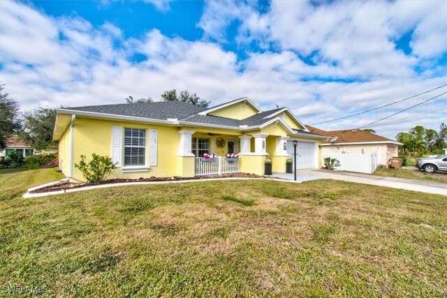 ranch-style home with a garage, a porch, and a front yard