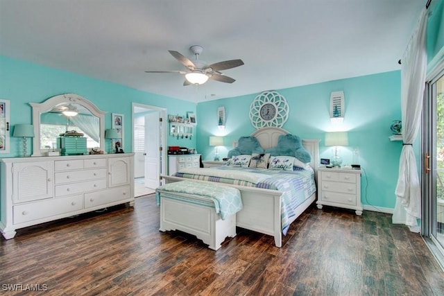 bedroom featuring ceiling fan, ensuite bathroom, and dark wood-type flooring