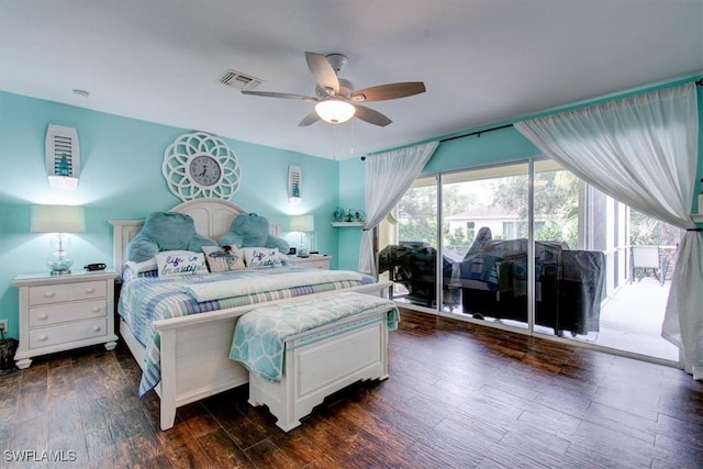 bedroom with ceiling fan, dark hardwood / wood-style floors, and access to outside