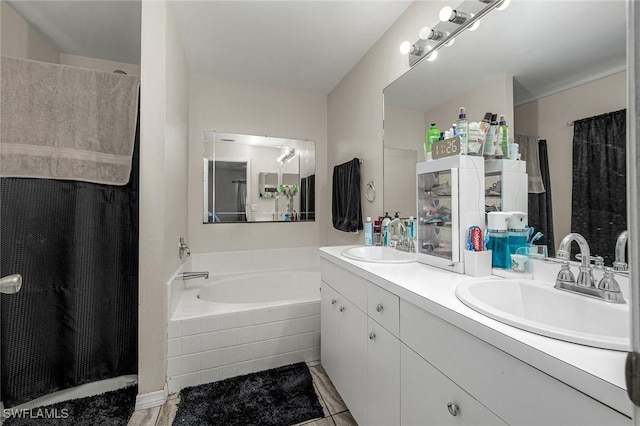 full bath with a shower with curtain, double vanity, a bath, and a sink