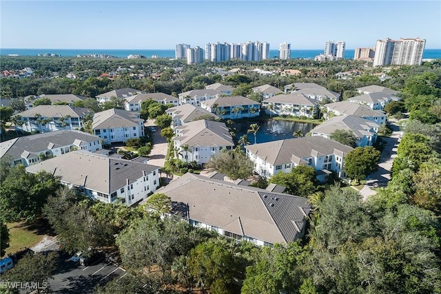 drone / aerial view featuring a water view