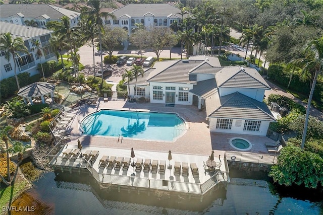 bird's eye view with a water view