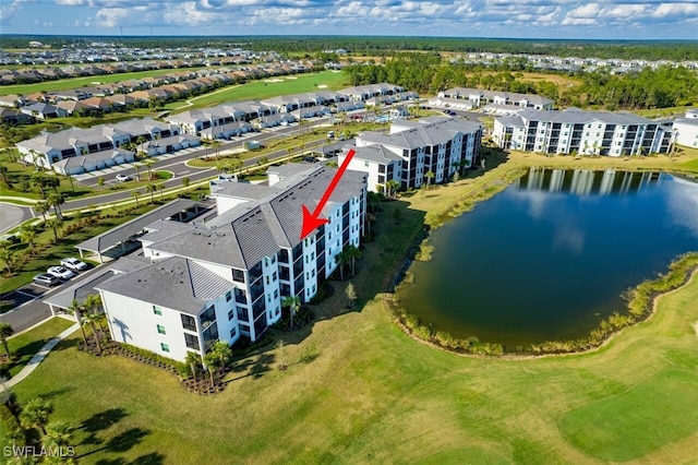 aerial view featuring a water view