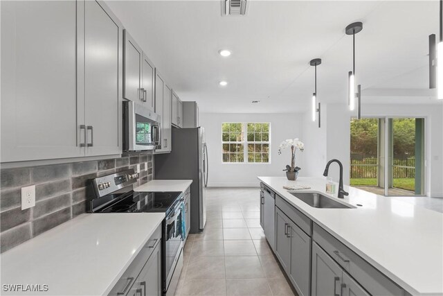 26390 Coco Cay Cir Unit 101, Bonita Springs, FL 34135 - kitchen with gray cabinets, appliances with stainless steel finishes, a sink, and visible vents
