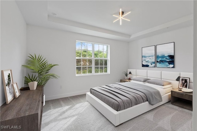 bedroom featuring a raised ceiling and carpet flooring