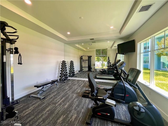 workout area featuring a tray ceiling