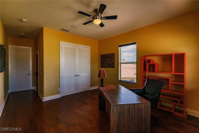 office space featuring ceiling fan and dark wood-type flooring