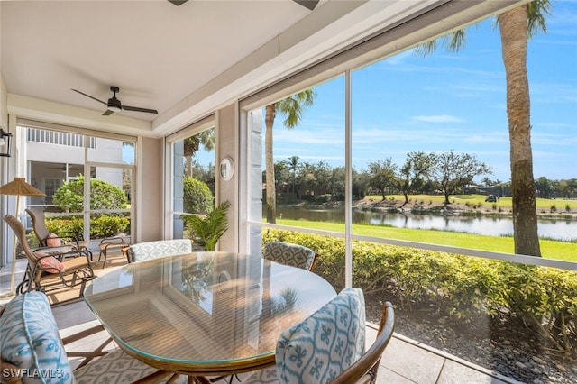 sunroom / solarium featuring ceiling fan and a water view