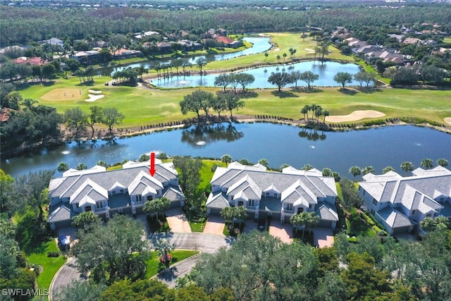 aerial view featuring a water view