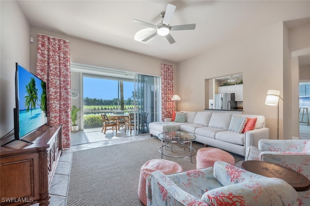 living room with ceiling fan