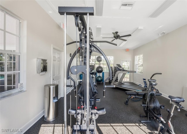 exercise room with ceiling fan