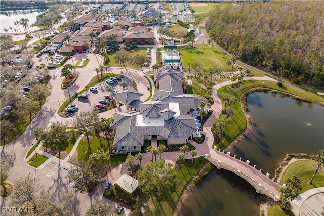 drone / aerial view with a water view