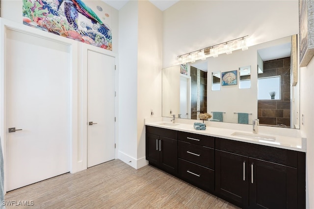 bathroom featuring vanity, hardwood / wood-style floors, and a shower