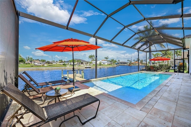 view of swimming pool with a water view, a lanai, a patio, and a boat dock