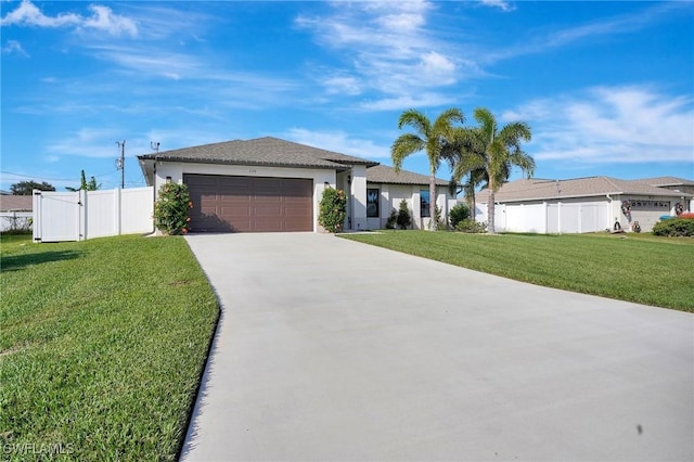 ranch-style home with a front lawn and a garage