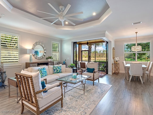 living room with wood-type flooring, a raised ceiling, ceiling fan, and ornamental molding