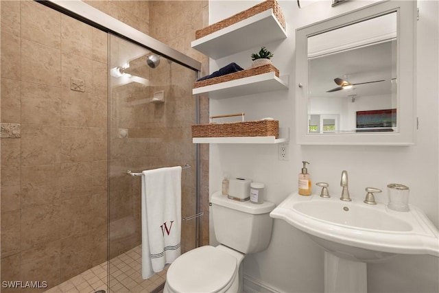 bathroom with ceiling fan, toilet, an enclosed shower, and sink