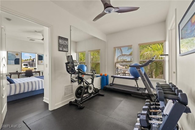 workout area with ceiling fan