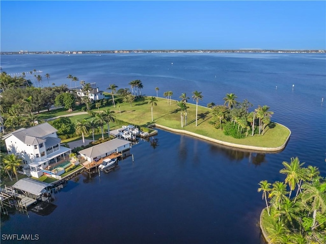 bird's eye view with a water view