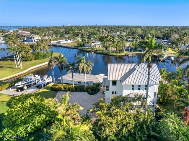 bird's eye view with a water view