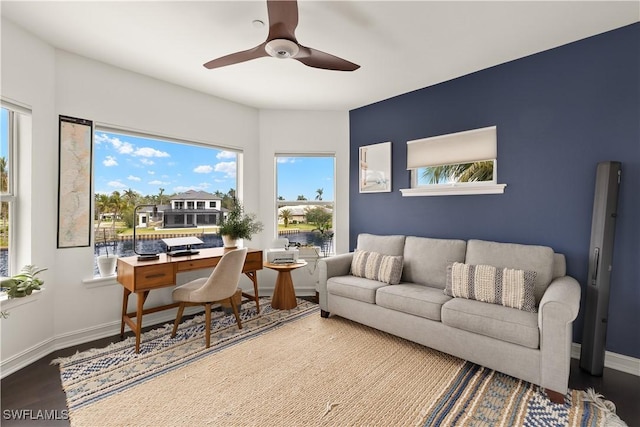 office featuring ceiling fan and hardwood / wood-style floors