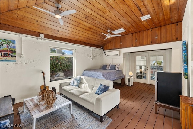 bedroom with french doors, lofted ceiling, wooden ceiling, an AC wall unit, and dark hardwood / wood-style floors