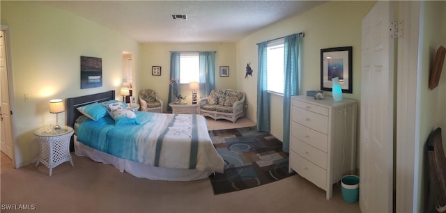 bedroom featuring carpet and a textured ceiling