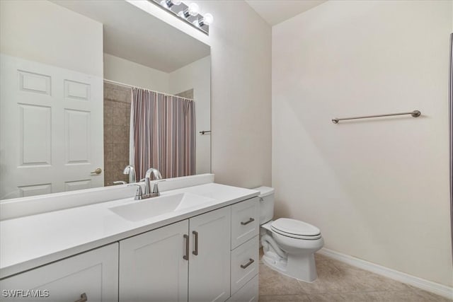 bathroom with tile patterned flooring, vanity, toilet, and curtained shower