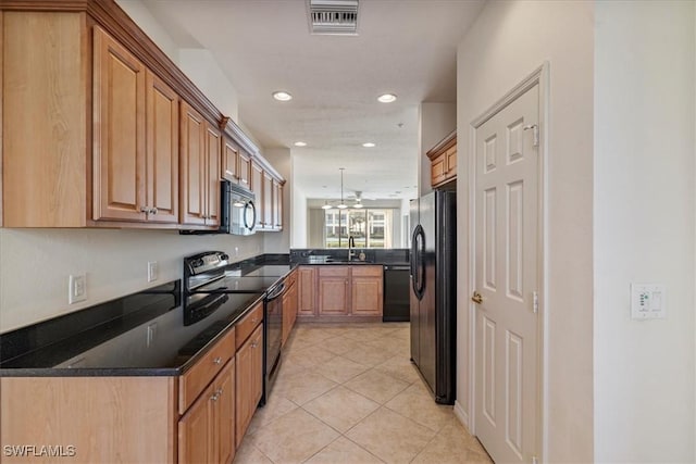 kitchen featuring ceiling fan, sink, kitchen peninsula, light tile patterned floors, and black appliances