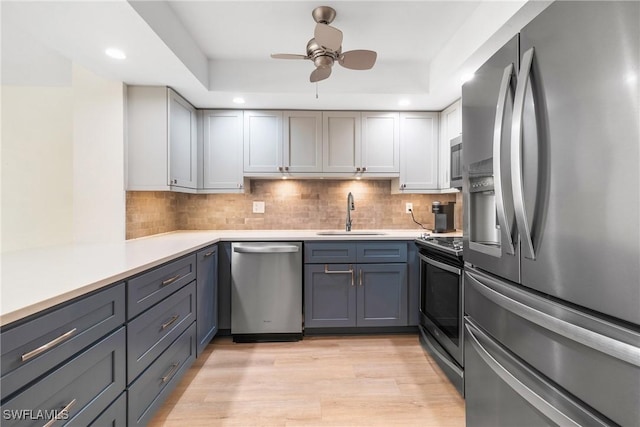 kitchen featuring backsplash, sink, ceiling fan, gray cabinets, and stainless steel appliances