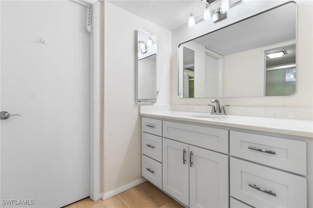 bathroom featuring vanity, wood-type flooring, and an enclosed shower