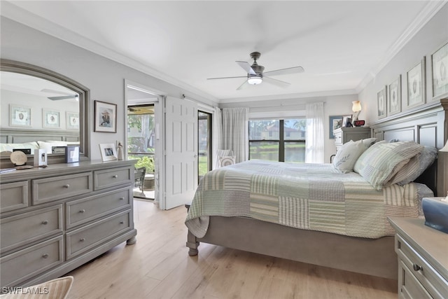 bedroom featuring ceiling fan, access to exterior, ornamental molding, and multiple windows