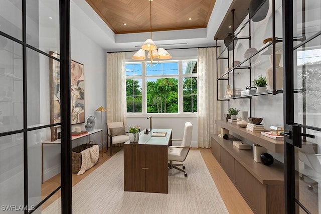 office area featuring a raised ceiling, a chandelier, wooden ceiling, and light wood-type flooring