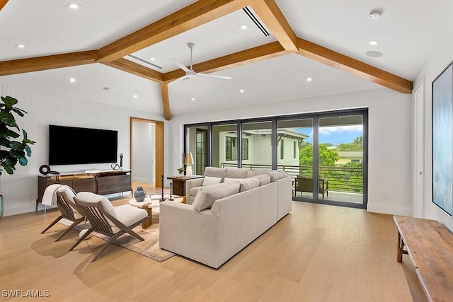 living room with light wood-type flooring, lofted ceiling with beams, and ceiling fan