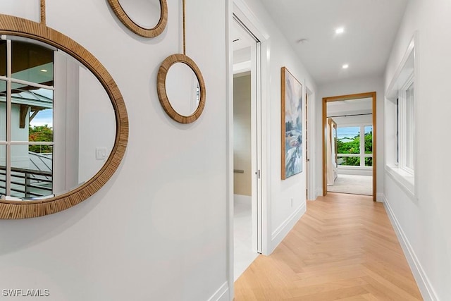 hall featuring light parquet flooring