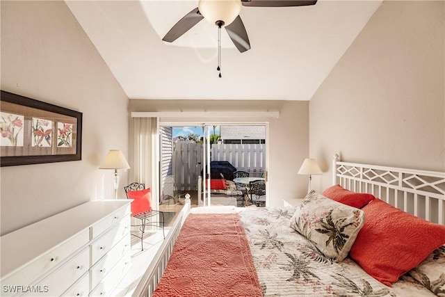 bedroom with access to exterior, ceiling fan, and lofted ceiling