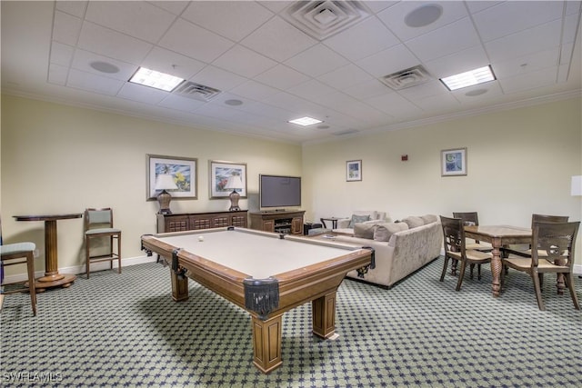 recreation room featuring a paneled ceiling, crown molding, light carpet, and pool table