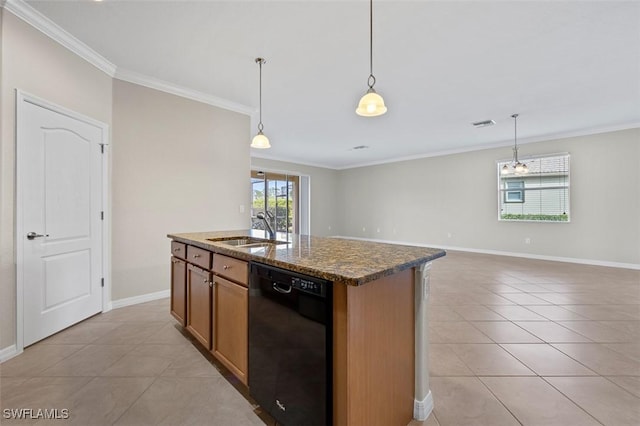 kitchen featuring dishwasher, hanging light fixtures, crown molding, and sink