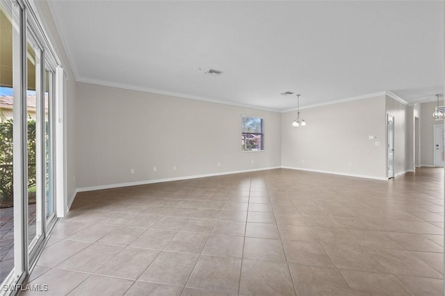 empty room with a chandelier, light tile patterned floors, plenty of natural light, and ornamental molding